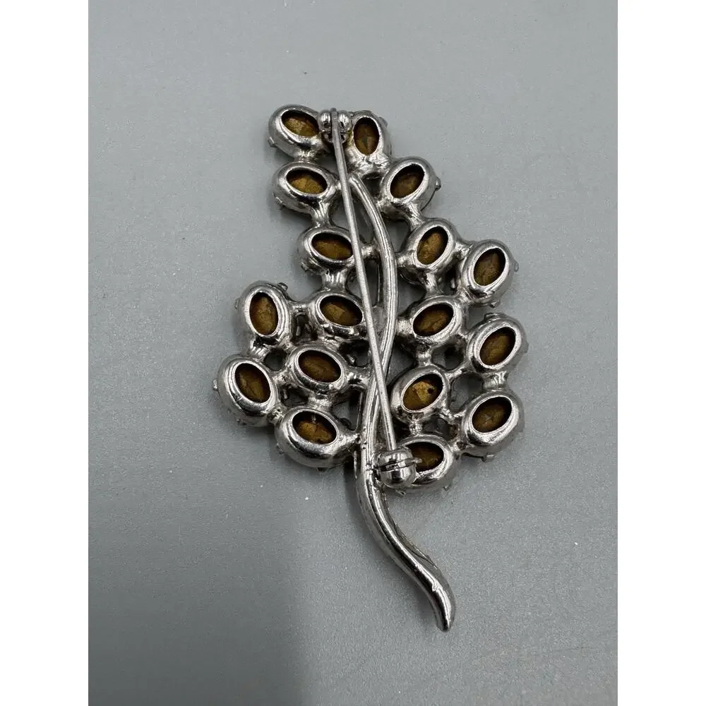 Vintage Leaf Shaped Clear Rhinestone Brooch Lapel Pin